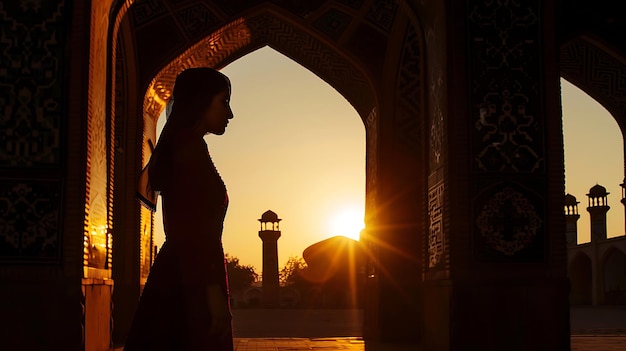 Silhouette of a Woman in a Traditional Dress at Sunset