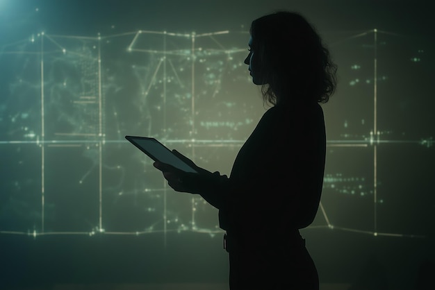 Silhouette of woman using tablet against digital grid background