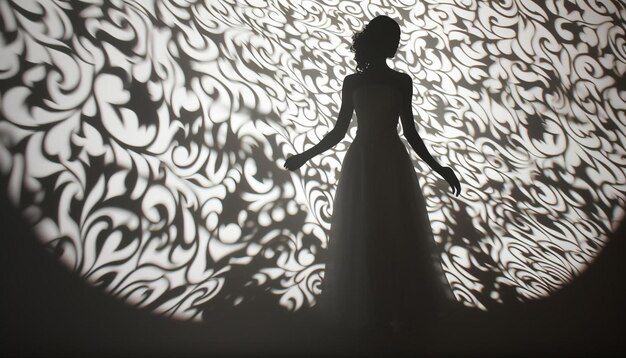 Photo a silhouette of a woman in a white dress with a floral pattern on the wall