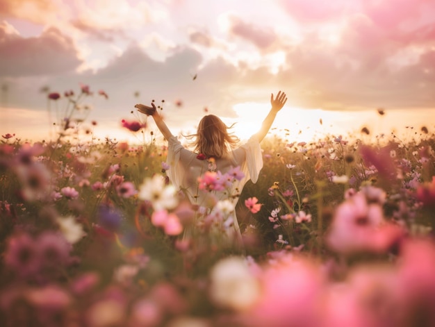 Silhouette of a woman with arms outstretched in prayer to god in an amazing pink flower field Hope faith commitment concept biblical theme of womens support