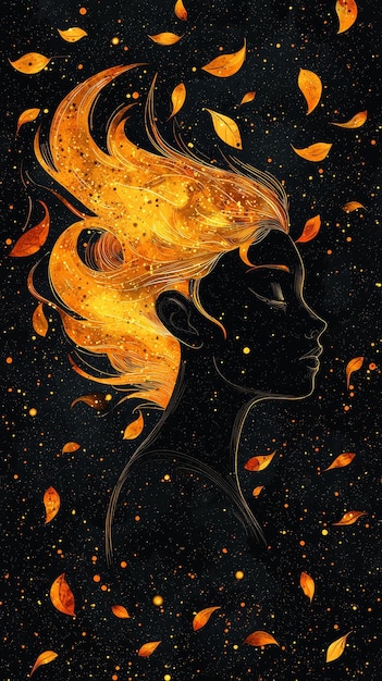 Silhouette of a Woman with Fire Hair Surrounded by Falling Leaves