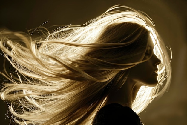 Silhouette of Woman with Flowing Hair in Golden Backlight