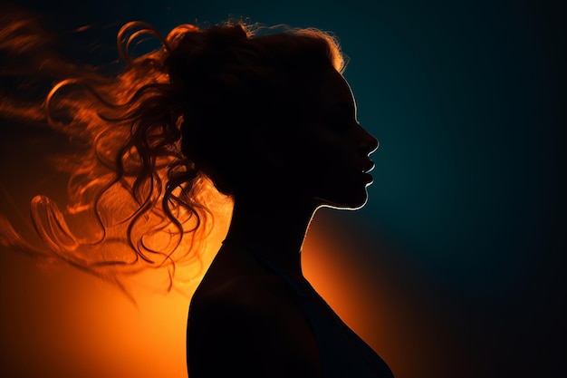 the silhouette of a woman with her hair blowing in the wind