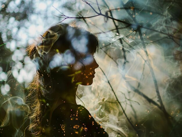 Photo silhouette of a woman with long hair partially obscured by smoke and branches creating a dreamy and ethereal effect