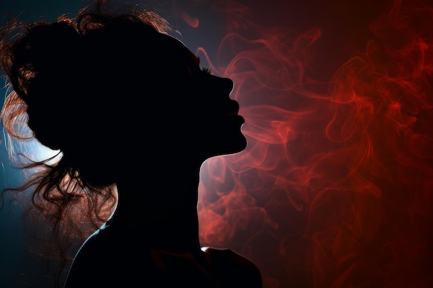 the silhouette of a woman with red smoke coming out of her hair