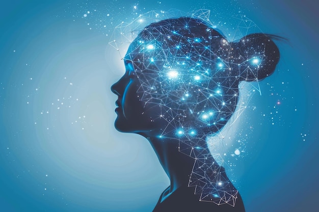 Silhouette of Woman with Starry Neural Network Blue Digital Artwork Futuristic Mental Connectivit