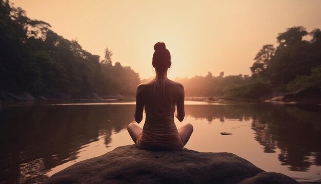 Silhouette woman yoga meditation sitting by the water mental health care concept AI generated