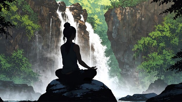 Silhouette of women doing yoga above a rock in front of a waterfall Anime style illustration