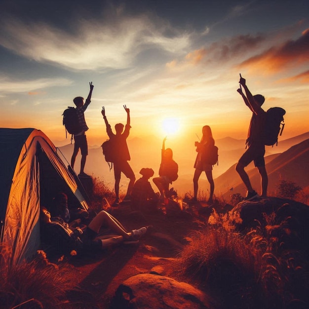 Silhouette women with hats and girl standing together at sunrise