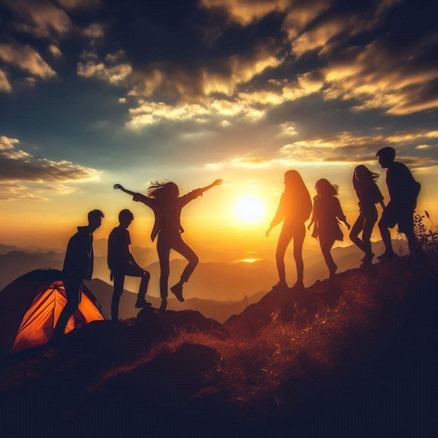 Silhouette women with hats and girl standing together at sunrise