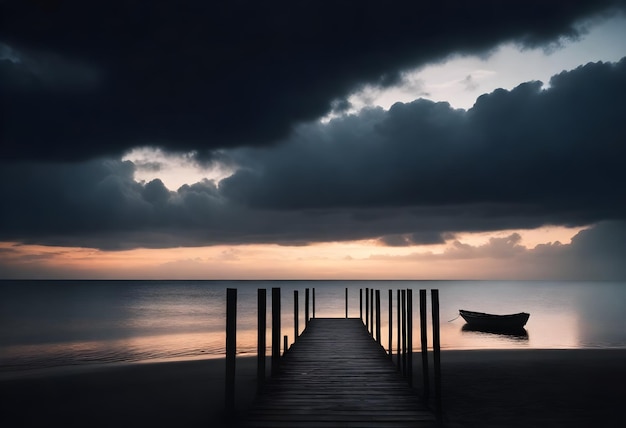 Silhouette of a wooden pier and a small boat on a beach during sunset with dark clouds in the sky