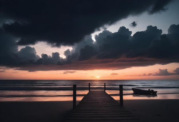 Silhouette of a wooden pier and a small boat on a beach during sunset with dark clouds in the sky