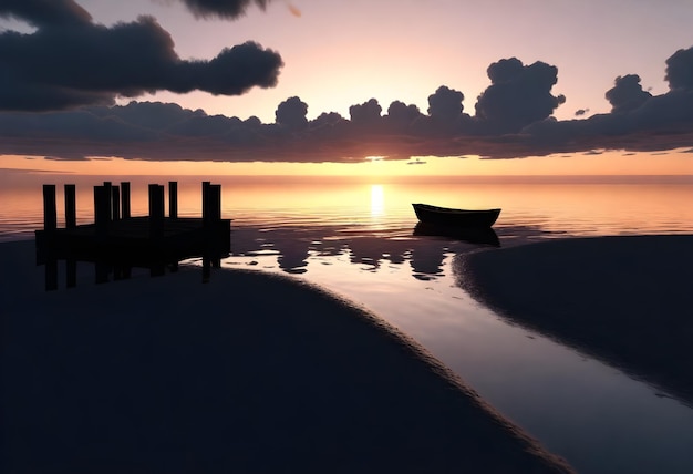 Silhouette of a wooden pier and a small boat on a beach during sunset with dark clouds in the sky