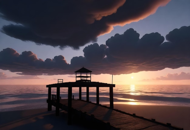 Silhouette of a wooden pier and a small boat on a beach during sunset with dark clouds in the sky