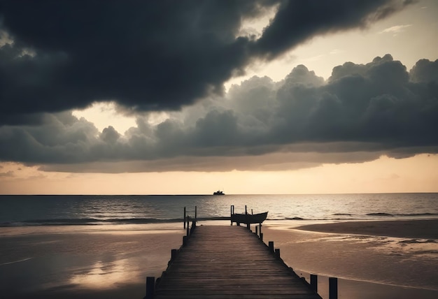 Silhouette of a wooden pier and a small boat on a beach during sunset with dark clouds in the sky