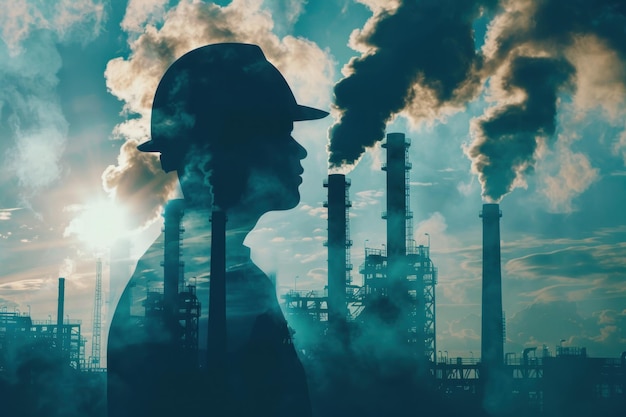 Silhouette of a worker with a safety helmet is superimposed on an image of industrial smokestacks emitting smoke