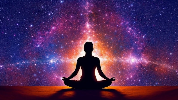 Silhouette yoga the cosmos nebulas healing human body energy beams and Generative AI