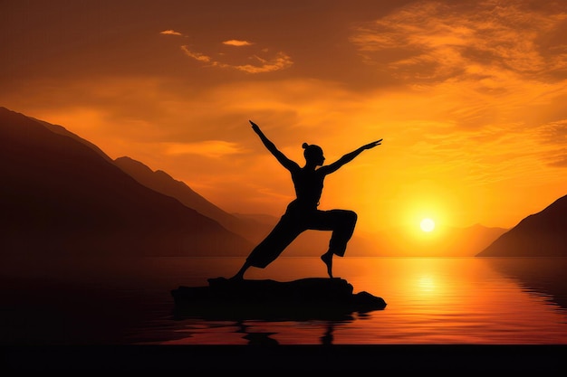 Silhouette Of Yogi Performing Warrior Pose Amidst Sunset Glow