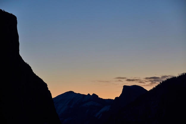 Silhouette of yosemite from tunnel view before sunrise