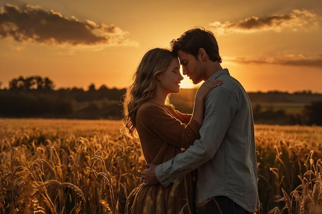 silhouette of a young couple embracing in a field at sunset