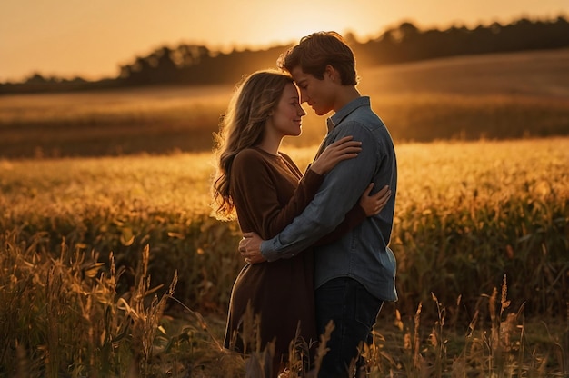 silhouette of a young couple embracing in a field at sunset