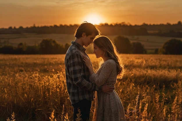 Photo silhouette of a young couple embracing in a field at sunset