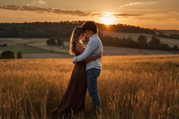 Photo silhouette of a young couple embracing in a field at sunset