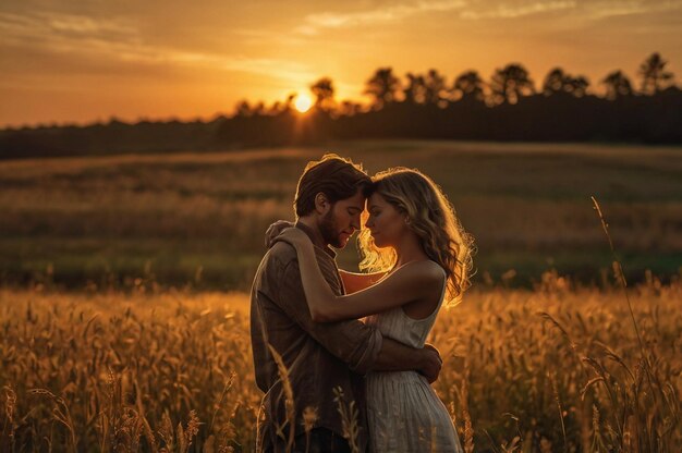 Photo silhouette of a young couple embracing in a field at sunset