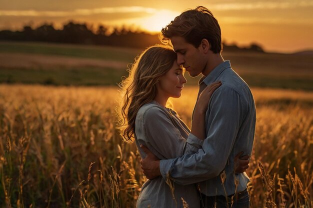 Photo silhouette of a young couple embracing in a field at sunset