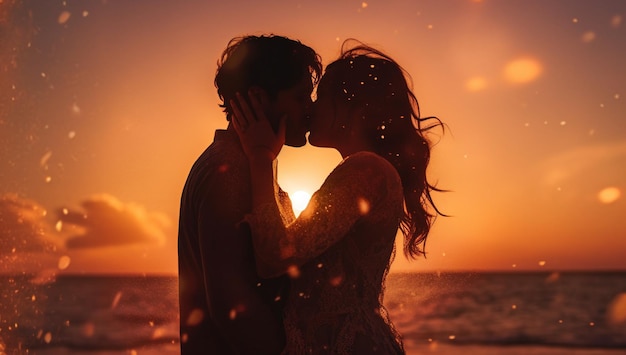 Silhouette of a young couple kissing on the beach at sunset with AI generated