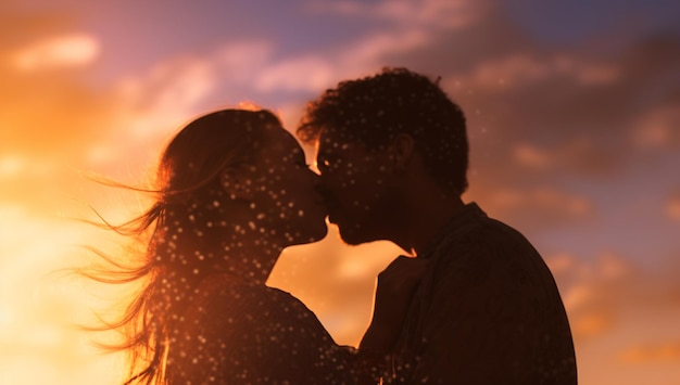 Silhouette of a young couple kissing on the beach at sunset with AI generated