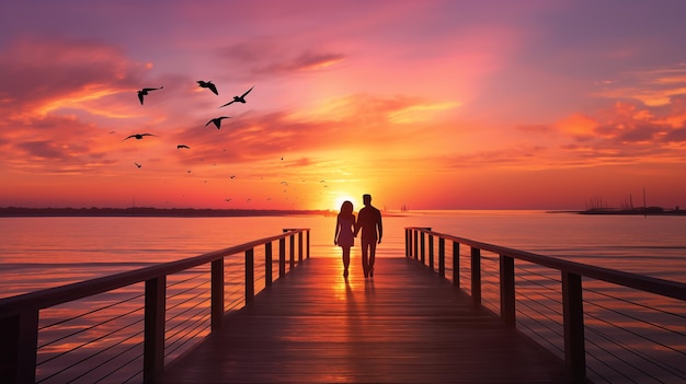 Silhouette of a young couple in love walking along the pier holding hands towards the sunset against the backdrop of the sea clouds and flying birds Back view