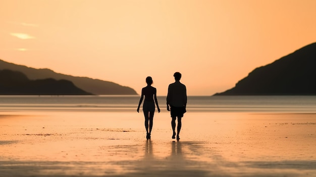 Silhouette of Young Couple Walking on a Beach at Sunset A Perfect Romantic Getaway Generative AI