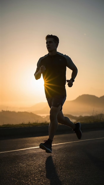 Silhouette of a young fitness man running on sunrise