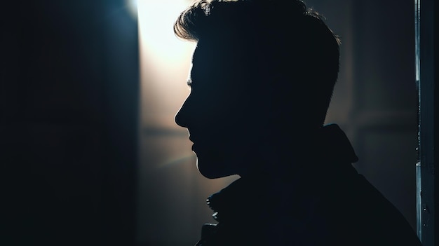 Silhouette of a young man in a dark room looking away from the camera