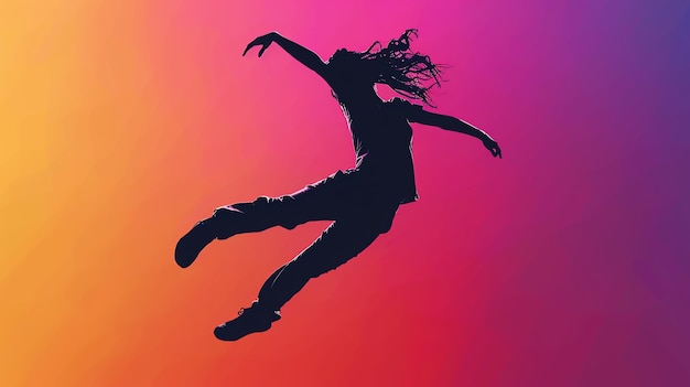 Silhouette of a young woman leaping against a colorful gradient background