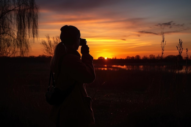 Silhouette of a young woman taking pictures at sunrise created with generative ai