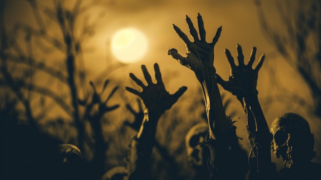 A silhouette of zombie hands reaching up against a full moon creating a chilling and eerie image The hands are skeletal and gnarled suggesting the decaying nature of the undead