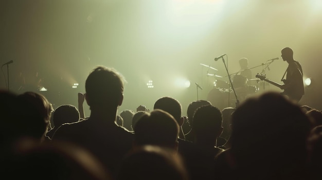 Photo silhouetted audience enjoying a live music performance with vivid stage lighting creating an immersive and energetic atmosphere