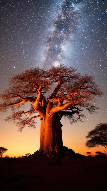 Silhouetted Baobab under Milky Way