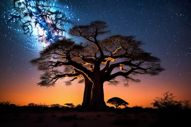 Silhouetted Baobab under Milky Way