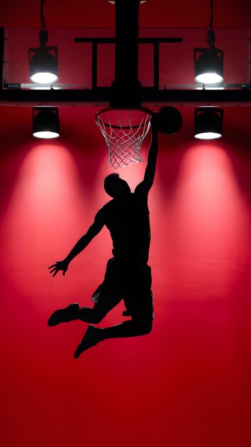 Photo silhouetted basketball player goes for slam dunk under bright red lights vertical mobile wallpaper