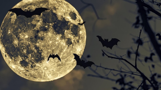 Photo silhouetted bats flying in front of a bright full moon with some tree branches in the foreground creating an eerie mystical night scene