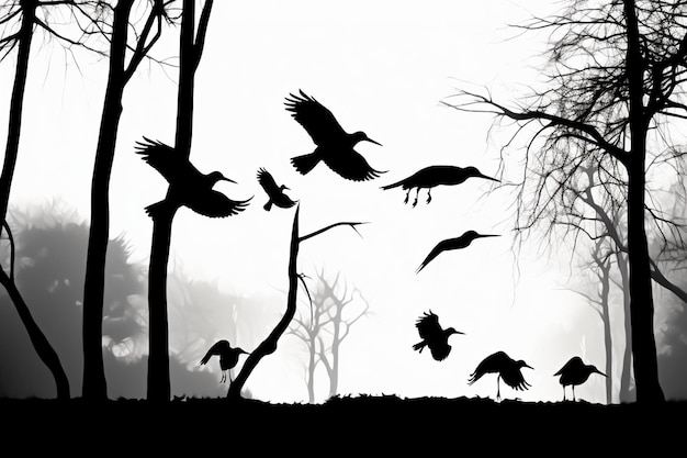 Photo silhouetted birds taking flight