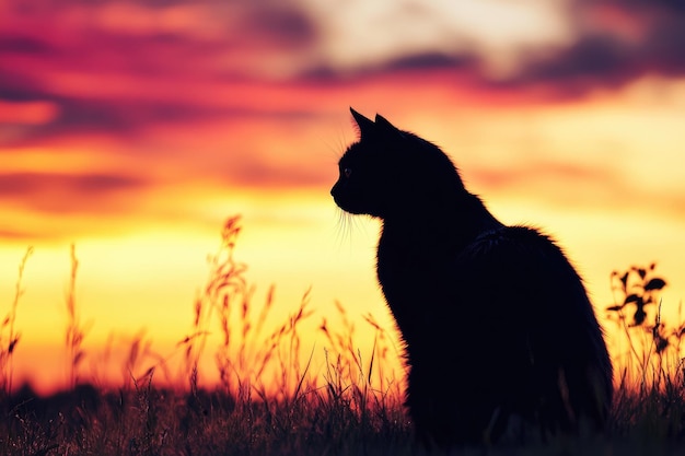 Silhouetted Black Cat Gazing at Sunset in a Field of Grass