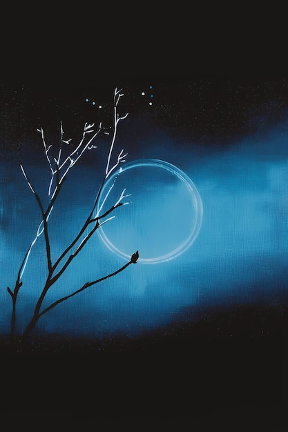 Photo silhouetted branch with blue moon