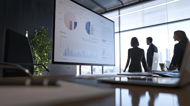 Photo silhouetted business people look out a window while analyzing financial data on a large screen