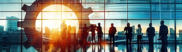 Silhouetted business professionals in a modern office with a city skyline and a large gear symbol at sunset symbolizing teamwork and innovation