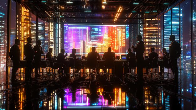 Photo silhouetted businesspeople meeting in a modern office overlooking city lights