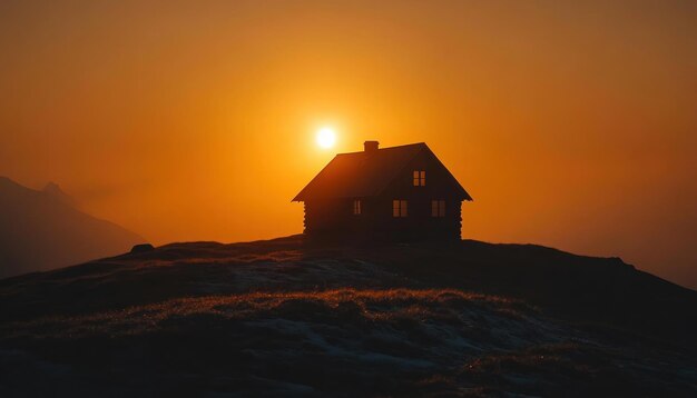 Photo silhouetted cabin on hilltop at sunset exuding rustic charm and peaceful solitude a serene